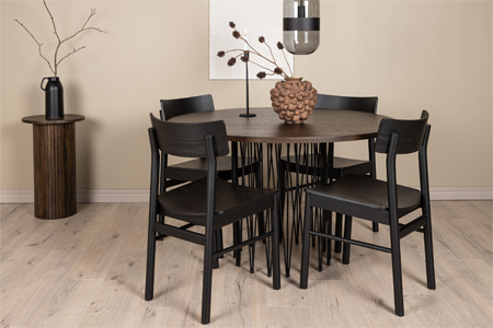 table de repas ronde mdf bois foncé et chaises modernes